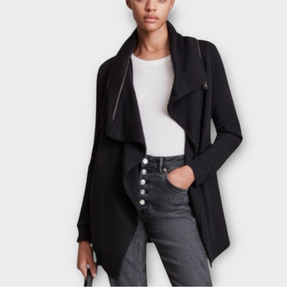 AllSaints Black Draped Zip-Detail Hoodie